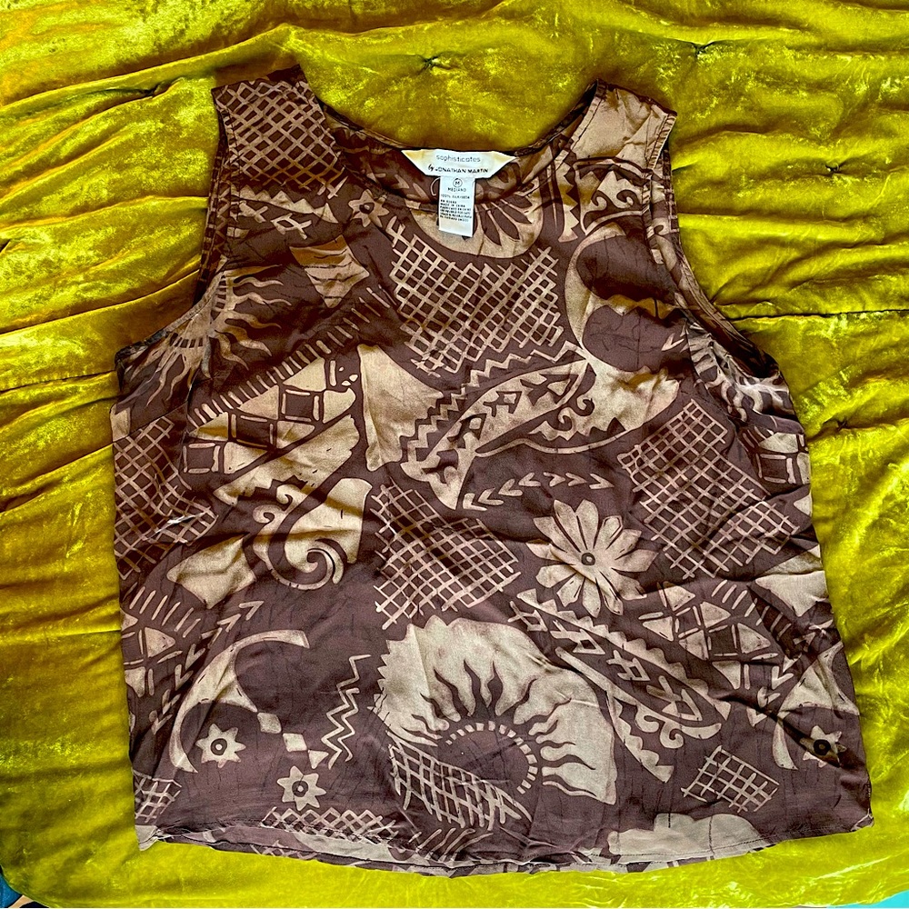 Vintage 100% Silk Brown Floral/Geometric Print Box Johnathan Martin Tank-top